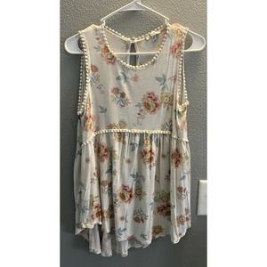 White Birch Womens Cream Floral Sleeveless Embellished Shirt, Size Medium